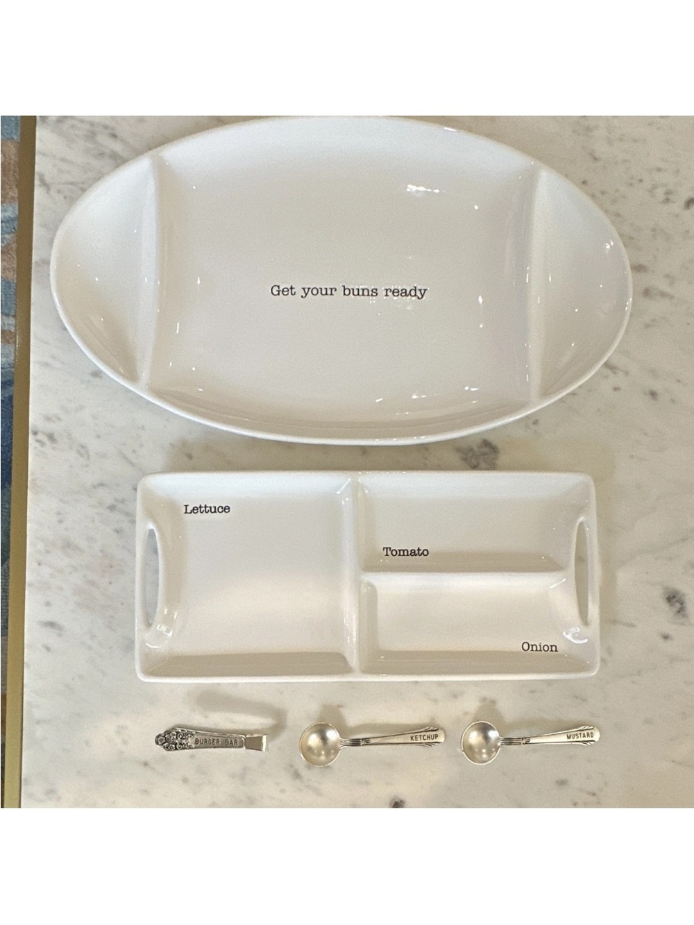Mud Pie White Ceramic Condiment and Bun Serving Set